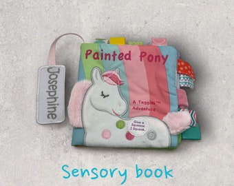 Personalized baby soft book, sensory toys cloth book, 1st birthday gifts, Painted pony baby monogrammed interactive toy, pony fabric book