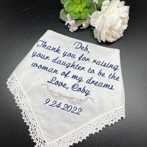 Wedding Handkerchief personalized for mother of the bride gift, something blue monogrammed hanky wedding day gift for MOB