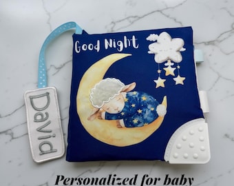 Personalized Good Night Sensory Book – Baby Quiet Book, Bedtime Soft Book with Stars & Custom Name Tag Gift