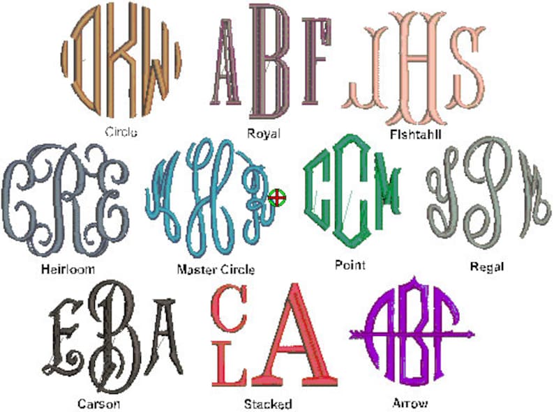 May include: A graphic showing 10 different monogram styles, including Circle, Royal, Fishtail, Heirloom, Master Circle, Point, Regal, Carson, Stacked, and Arrow. Each style is shown with a different set of letters.