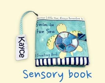 Personalized baby soft book, sensory toys cloth book, 1st birthday gifts, Sea Life baby monogrammed interactive toy, counting book for baby