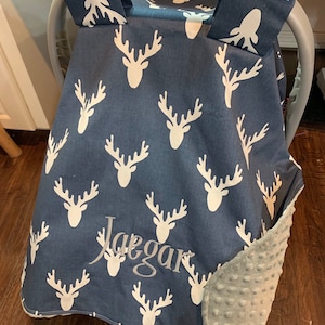 Personalized Carseat Canopy for Boys, woodland baby nursery canopy, Navy buck deer antler gray minky, car seat blanket cover, boy canopy