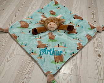 Personalized Highland Cow Baby Lovey Security Blanket Custom Name Soft Minky Plush Comfort Toy Nursery Gift