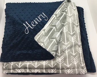SALE Personalized baby boy blanket, monogrammed gift for boys, Toddler blanket, gift for baby boy, personalized baby shower gift, arrow navy