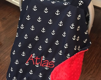 Personalized Nautical Carseat canopy, monogrammed car seat cover, navy anchors