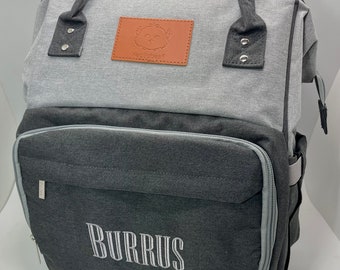 Monogrammed Gray Diaper Backpack, Personalized Baby Nappy Bag