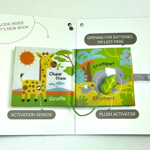 May include: A colorful baby book with a giraffe and elephant on the cover. The book has a plush activator and an activation sensor. The text on the cover reads "Chew Chew" and "Trumpet".