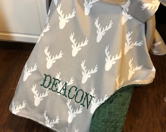Personalized Baby Carseat Canopy: Woodland Deer Antler, Minky car seat cover
