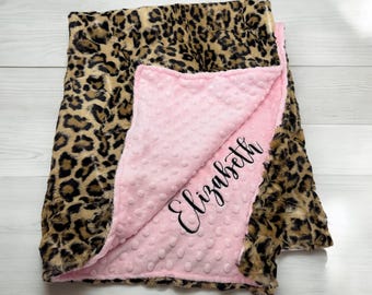 Personalized Baby Girl Minky Blanket: Leopard Monogram