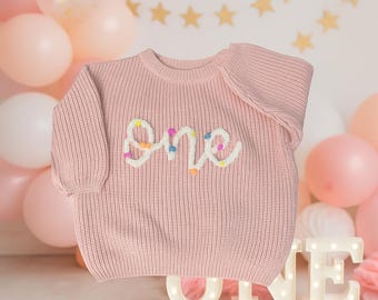 Pink “One” Birthday Sweater – Baby Girl First Birthday Outfit – Chenille Yarn Soft Cotton Knit