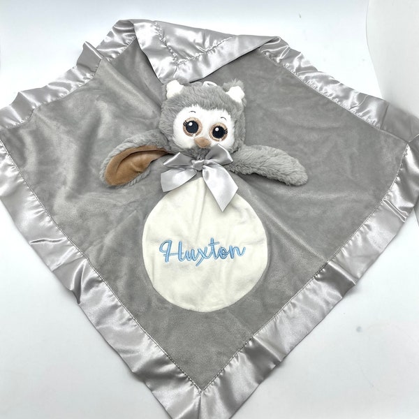 Personalized baby lovey blankie owl, new baby gift mini snuggle blanket, stuffed owl blanket, baby gift unique baby boy gift baby owl gray