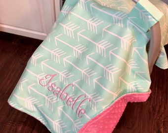 Monogram Carseat canopy for girls, girl car seat blanket, car seat cover girl, woodland baby shower, newborn gift mint arrow pink