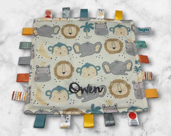 Personalized Jungle Taggie Blanket | Safari Baby Lovey, Sensory Toy Elephant