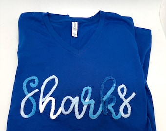 Custom Chenille Letter V-neck Tee by Bella | Sharks in Waterslide yarn