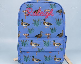 Personalized Duck Backpack, Mallard Kids School Bag, Embroidered Boys Backpack for Girls