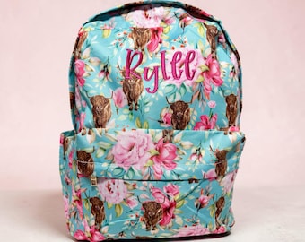 Personalized Highland Cow Floral Backpack | Custom Western Girls School Book Bag | Tween Teen Gift