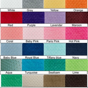 May include: A chart of 16 different fabric swatches in various colors, including white, gray, yellow, orange, red, purple, lavender, maroon, coral, baby pink, Paris pink, hot pink, baby blue, royal blue, Tiffany blue, navy, aqua, turquoise, seafoam, lime, Kelly green, ivory, cappuccino, and chocolate.