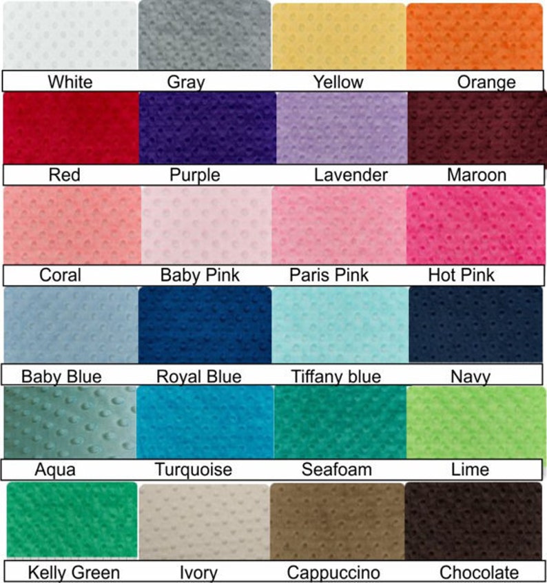 May include: A chart of 16 different fabric swatches in various colors, including white, gray, yellow, orange, red, purple, lavender, maroon, coral, baby pink, Paris pink, hot pink, baby blue, royal blue, Tiffany blue, navy, aqua, turquoise, seafoam, lime, Kelly green, ivory, cappuccino, and chocolate.