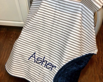 Personalized Baby Carseat Canopy: Gray Stripe, Minky Dot, Embroidery Car Seat Cover