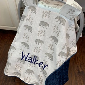 Personalized baby carseat canopy, monogram car seat cover, carseat blanket, baby boy canopy, monogrammed cover woodland bears arrows