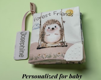 Personalized Forest Friends Sensory Book – Baby Quite Book, Woodland Animals Soft Book with Name Tag, Baby Shower Gift