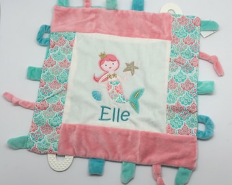 Personalized baby girl sensory Blanket, Mermaid Security Blanket, baby shower gift, teething toy, Baby Lovey Blanket, Unique baby gift