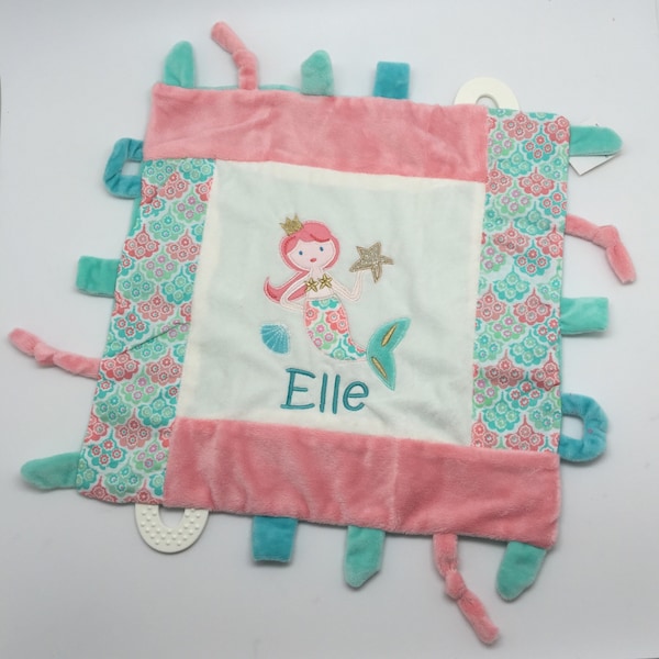 Personalized baby girl sensory Blanket, Mermaid Security Blanket, baby shower gift, teething toy, Baby Lovey Blanket, Unique baby gift