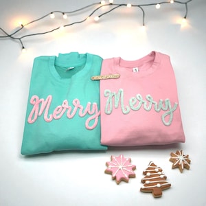 Merry Sweatshirts | Pastel Pink & Mint Unisex Cozy Holiday Pullover | Soft Cotton Blend Christmas Crewneck