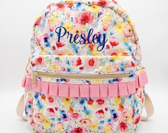 Personalized Floral Ruffle Backpack | Small EmbroideredPreschool Bag for girls back to school, mothers day out