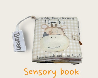 Personalized baby soft book, sensory toys cloth book, 1st birthday gifts, Farm Animals baby monogrammed interactive toy, farmhouse nursery