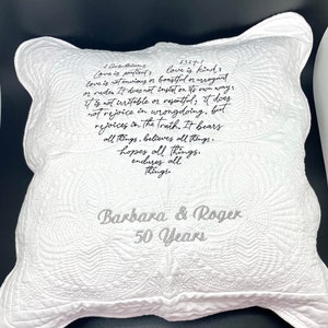 Anniversary Gift Pillow, 1 Corinthians 13 Love is Patient scripture, Christian gift for couple, parent gift, Personalized 18x18 pillow