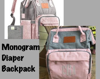 SALE Monogrammed Diaper Backpack, Personalized Diaper Bag Backpack, Nappy Bag, Pink Gray Backpack Diaper Bag, Girl Diaper Bag