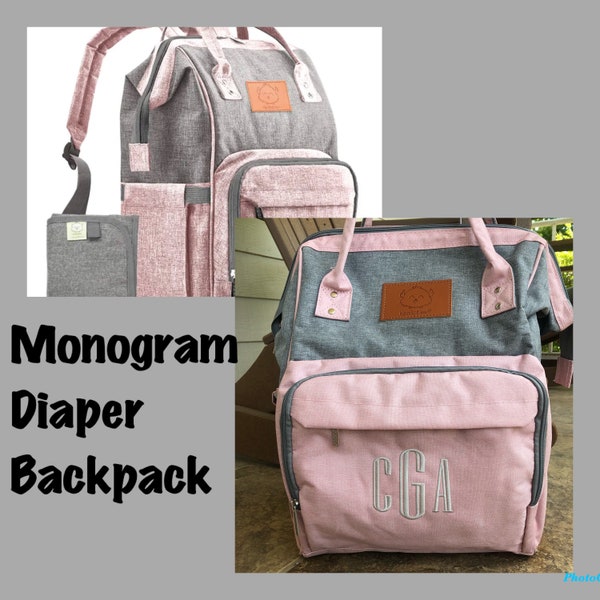 SALE Monogrammed Diaper Backpack, Personalized Diaper Bag Backpack, Nappy Bag, Pink Gray Backpack Diaper Bag, Girl Diaper Bag