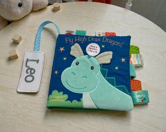 Personalized Dragon Sensory Book – Soft Baby Activity Book with Tags & Squeaker
