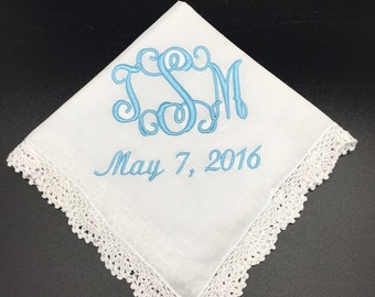 Something Blue for Bride, Wedding lace hanky handkerchief monogram, mother of the bride, mother of the groom, bridesmaid, bridal shower gift