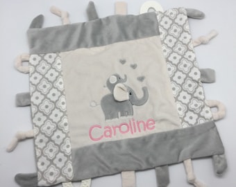 Personalized baby teething toy, new baby gift sensory blanket, baby lovey blanket, unisex baby gift, unique baby boy girl gift, elephant