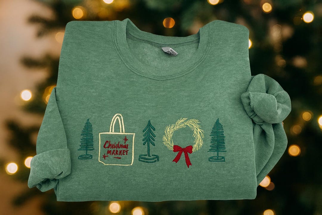 Embroidered Christmas Sweatshirt, Green Holiday Crewneck, Market