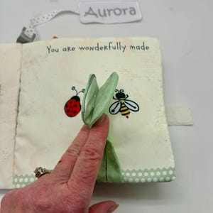 May include: A soft baby book with the text "You are wonderfully made." The book features a ladybug and bee graphic. A tag with the name "Aurora" is attached. The book has a green and white polka dot border.