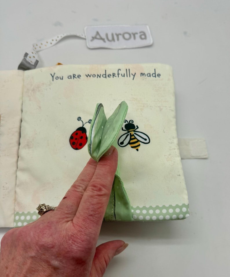 May include: A soft baby book with the text "You are wonderfully made." The book features a ladybug and bee graphic. A tag with the name "Aurora" is attached. The book has a green and white polka dot border.