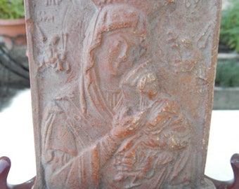 French vintage 1920/30's terracotta wall mounted font depicting the Virgin Mother and Child