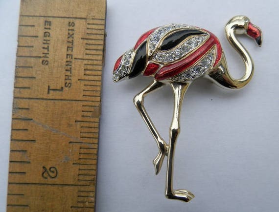 Vintage Flamingo enamelled brooch, faux diamonds,