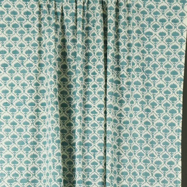 Mint Grey Hand Block Printed Cotton Curtains, Organic Cotton Shades, Organic Cotton Drapes, Rod Pocket Curtains for Living Room Decoration