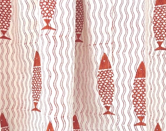 Hand Block Printed Rust Fish Organic Cotton Curtains, Rod Pocket Drapes (2 Panels)