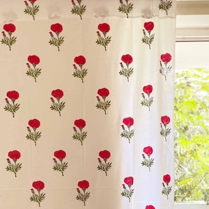 Rote Ringelblumen Block Print Baumwolle Vorhang Panels, 2er Set