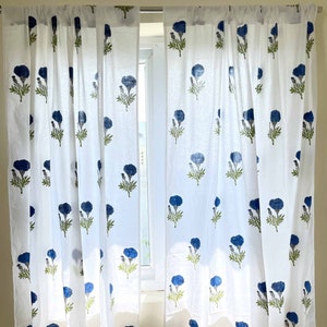 Soft Cotton Curtain Panels in Blue Marigold | Set Of Two | Hand Block Printed in Blue, Green and White | Floral Print Panels