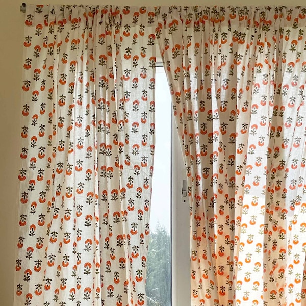 Orange Marigold Hand Block Printed Cotton Curtains Panels, Organic Cotton Shades, Organic Cotton Drapes, Rod Pocket Curtains for Living Room