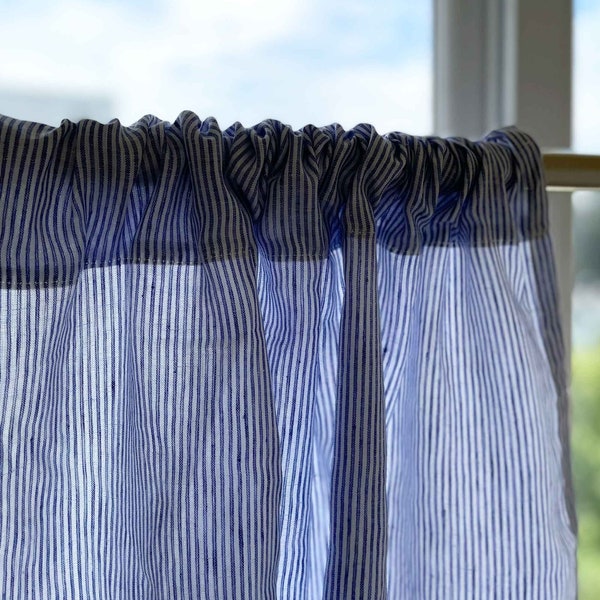 Striped Linen Cafe Curtain, French cafe style curtain, Navy Stripes Linen Cafe Curatins, Minimalist Cafe Curtains, Linen Kitchen Valance