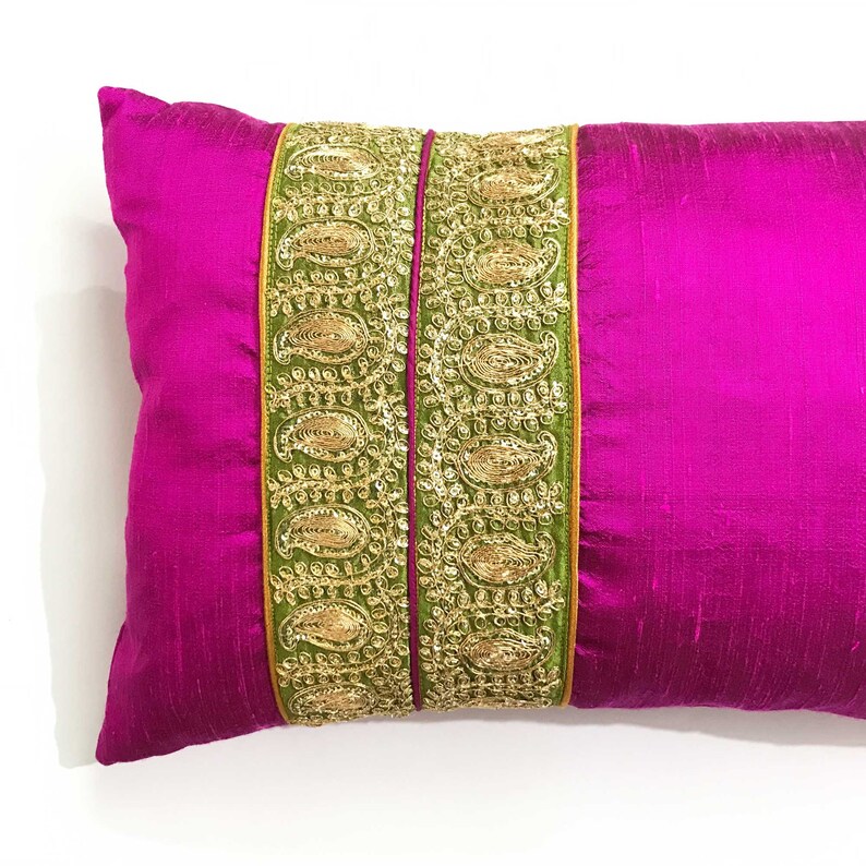 Decorative Lumbar Pillow Fuchsia Olive Gold 100 Pure Silk Etsy