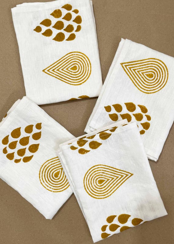 Mustard Tea Towel, Organic Linen Tea Towel, Handblock Printed