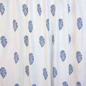 Kashmir Flower Print Linen Curtain, Linen Curtain Panel, Hand Block Printed Linen Curtains, Made On Order Hand Stamped White and Blue Linen